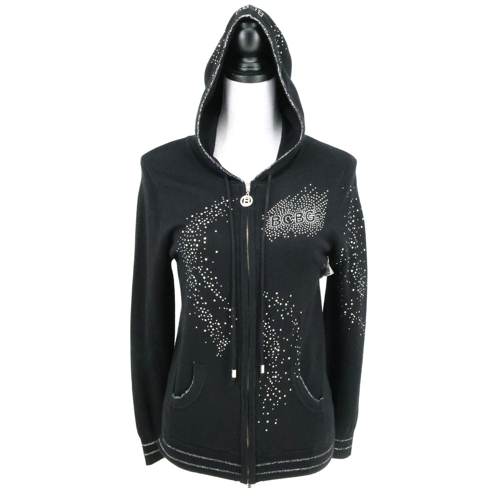 BCBG Max Azria Jacket Juniors Large Black Hooded Pockets Rhinestones Full Zip - Picture 1 of 16